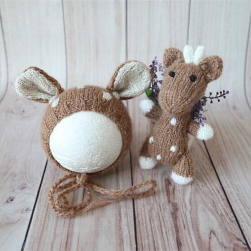 Newborn Photography Toy Lovely Stuffed Doll Knitted Mini Animal Hat and Toy Set Crochet Girls Boy Deer Bonnet Baby Photo Props