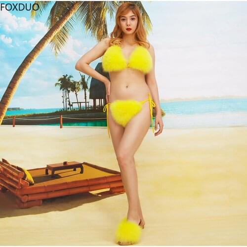100% Real Fox Fur Bikini Set Sexy Girls Furry Bra Briefs Suit Lace Up Thongs Two-Piece Swimwear Women Underwear Summer Beachwear