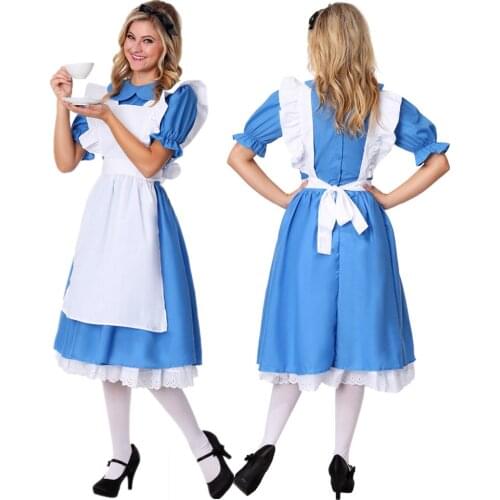 Halloween Women Adult Kids Anime Alice In Wonderland Blue Party Dress Up Alice Maid Lolita Cosplay Costume Outfits Set