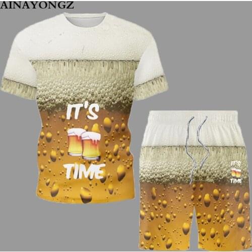 2021 Trend Summer Short Sleeve Mens Sets Beer Printing Tracksuit Suit T-Shirt Shorts 2-Piece Set Hip Hop Couple Street Clothes