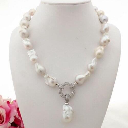 Beautiful 18" 12x17mm natural White reborn Keshi Pearl Necklace CZ Pendant