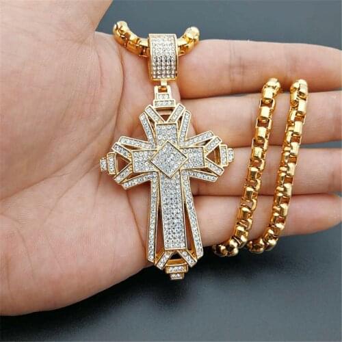 2019 Newest Iced Out Stainless Steel Big Cross Pendant Necklace for Men Gold Color Christian Cruzar Necklace Religious Jewelry