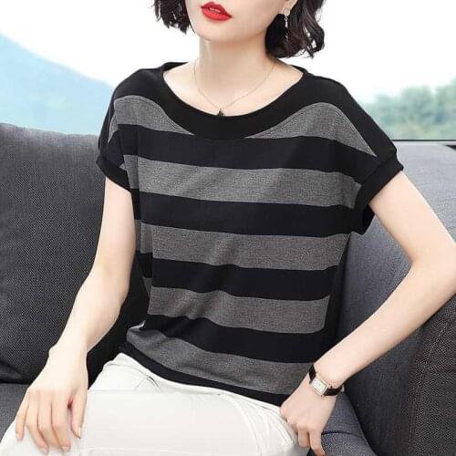 Stripe Women Shirt For Summer Tunics Plus Size Ladies Tops Basic Tshirt Clothing Short-sleeve T-shirt