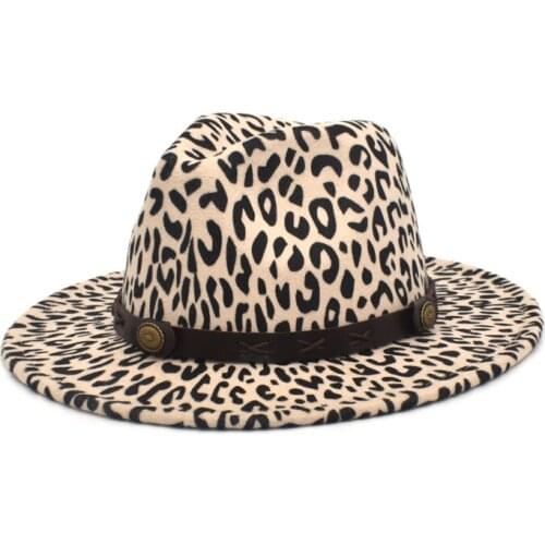Simple Unisex Flat Brim Wool Felt Jazz Fedora Hats Men Women Leopard Grain Leather Band Decor Trilby Panamal Hats F93