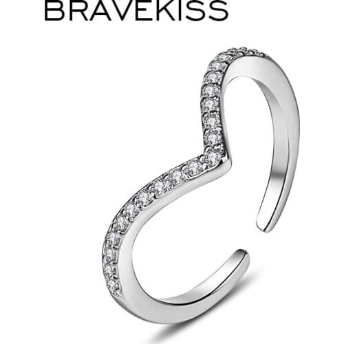 BRAVEKISS Engagement Heart Adjustable Open Rings for Women Trendy V Shape Wedding Ring Cuff CZ Stone Jewelry Accessories BUR0434