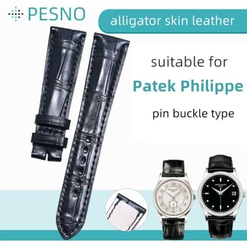 PESNO Compatible for Patek Philippe Bamboo Texture Crocodile Leather Watch Accessories Band 20mm Black with Pin Buckle
