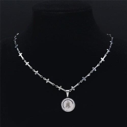 Stainless Steel Hands Folded Cross Necklaces Pendants Women/Men Silver Color Necklaces Small Jewelry cruz colgante N8031S02