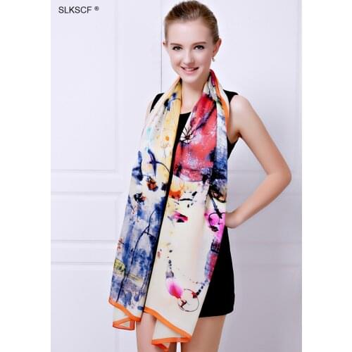 [SLKSCF] 180X70CM Fashion Lotus Printing 100% silk satin scarves hijabs female flowers print silk scarf silk muslim arab veils