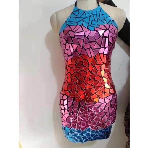 Full Multi-color Mirrors Dress Evening Birthday Celebrate Costume Sexy Dress Wedding Women Dance Sequins Short Dress