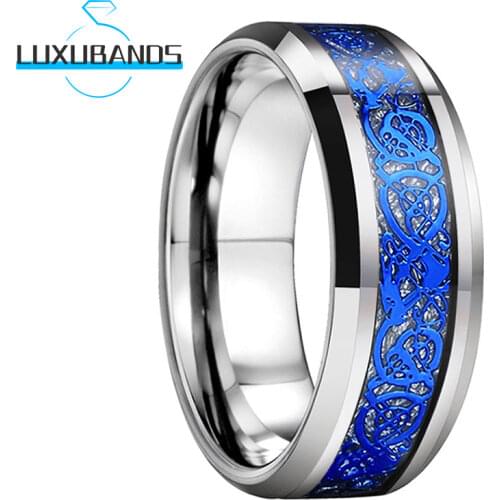 8MM Tungsten Wedding Ring For Men Wemen Blue Stepped Edges Brushed Finished Black Inner Two-Tone Comfort Fit