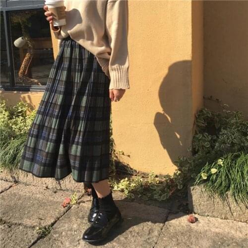 2021 Autumn Winter New Elastic High Waist Slimming Simple Plaid Woolen Skirt Casual Loose Women A-line Long Skirt Free Shipping