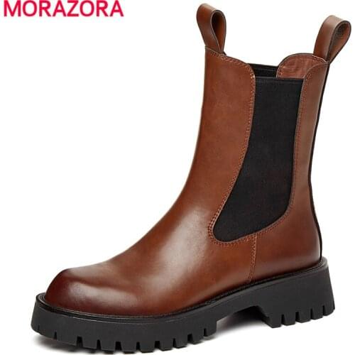 MORAZORA 2022 New Full Genuine Leather Boots Women Slip On Retro Ankle Boots Vintage Brown Autumn Winter Chelsea Boots Shoes