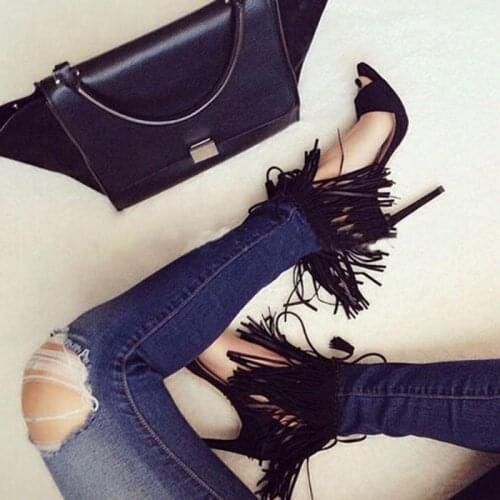 2021 Summer Sandals Women Black Suede Tassel Cool Boots Fish Mouth High Heeled Shoes Bandage Thin Heels Sandalias Mujer Pumps
