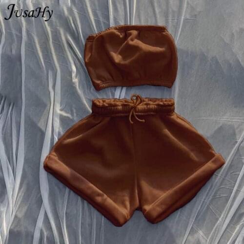 Jusahy Basic Tracksuit 2 Two Piece Sets for Women Clothing Strapless Top+shorts Wholesale Suits Summer Trend Casual Sportswear