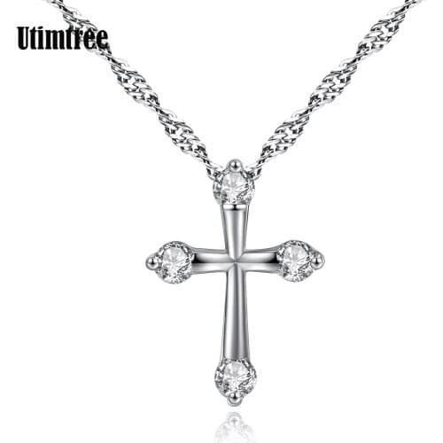 Utimtree Simple Cross Necklace Women Silver Statement Jewelry Fashion CZ Zircon Pendants Necklaces For Ladys Party Birthday Gift