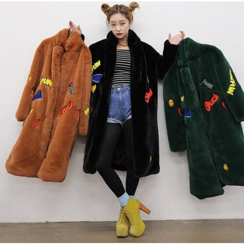2020 winter women thick warm long faux fur coats letters fake rex rabbit fur loose plus size overcoats A125