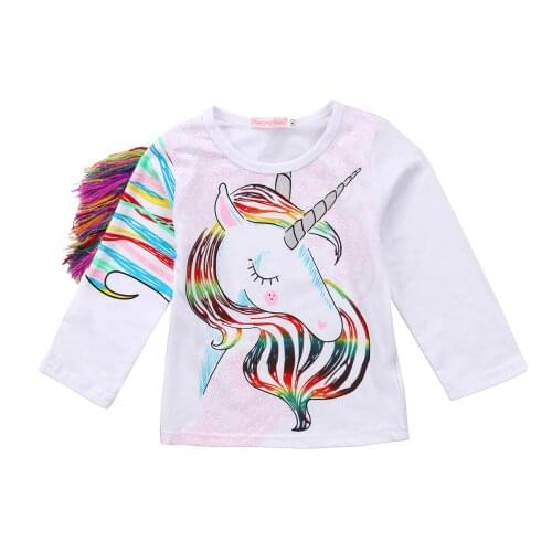 Baby Girls Unicorn Printed Tassel Sweatshirt Tops 1-6Y Kids Children Autumn Casual White Long Sleeve O Neck Cotton Blouses