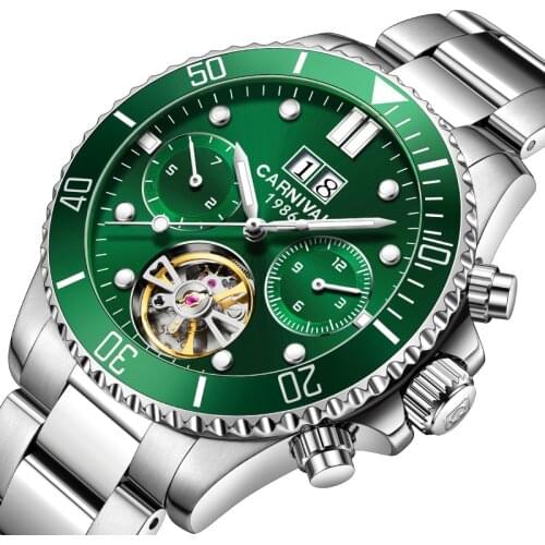 CARNIVAL 2021 New Mechanical Watch Men Tourbillon Automatic Watches Men self wind Sapphire Dual Calendar Waterproof Sport Watch