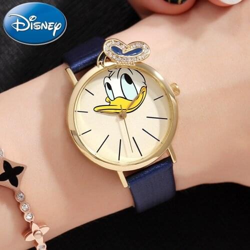 Ladies Teen Girl Fashion Donald Duck Bling Rhinestone Luxury Shine Leather Strap Quartz Watch Female Students Time Clocks Montre