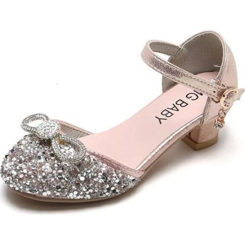 2021 Spring Summer Girls Shoes Kids Half Sandals for Big Girls Children Crystal Shoes Glitter Bow-knot High Heeled Rhinestone
