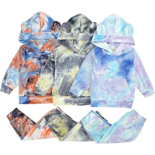 0-2Y Fashion Toddler Newborn Baby Girls Clothes Tie Dye Print Hooded Pocket Sweatshirt+Pants 2pcs Outfits Baby Tracksuit Sets