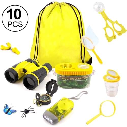 Kids Outdoor Explorer Kit With Drawstring Bag Binoculars Butterfly Net Educational Nature Exploration Toys Gift For Boys Regular