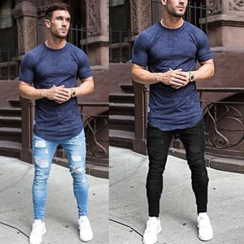 Cycling jeans 2019 New Hole Slim Solid Color Worn Mens Black trousers Mens Fashion Street Light feet pants More Size S-3XL