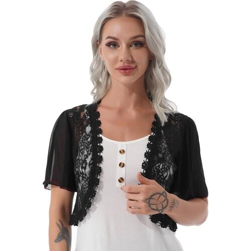 Elegant Women Lace Crop Bolero Cardigan Casual Ruffle Chiffon Short Sleeve Open Stitch Outwear Tops Plus Size Thin Jacket Coat