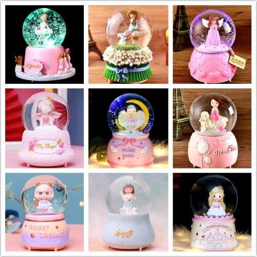Crystal Ball Music Box Pink Girl Star Moon Rainbow Unicorn Glowing Snowflakes Music Box Home Decoration Desktop Ornament