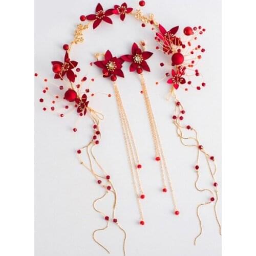 Chinese Women Red Flower Bridal Headpieces Wedding Hair Earrings Accessories For Brides Tiaras Crowns Headbands With long Tassel