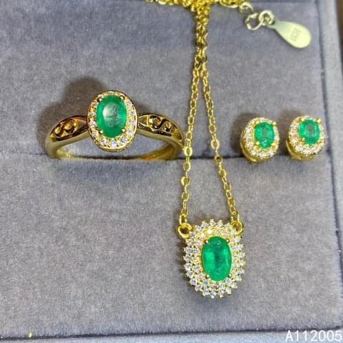 KJJEAXCMY Fine Jewelry 925 sterling silver inlaid natural gemstone emerald ring pendant earring set luxury supports test
