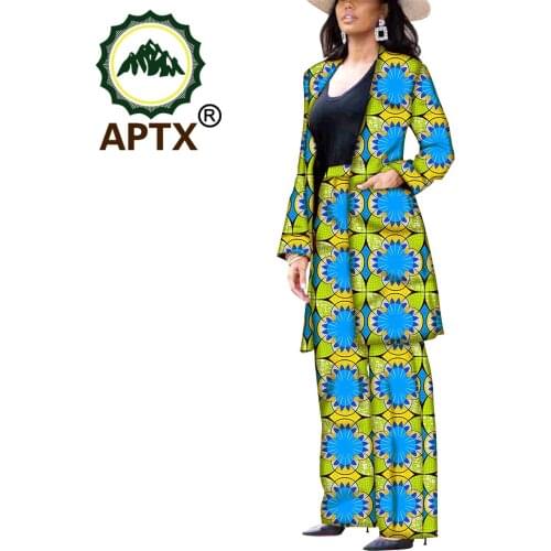 African Dresses for Women Long Sleeves Coats and Pants 2 Pieces Print Cotton Wax Fabric Dress for Women Party