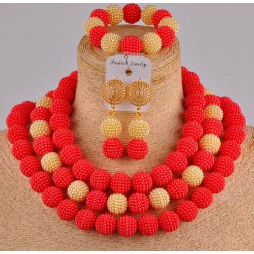 Red champagne gold costume necklace african wedding jewelry set simulated pearl nigerian beads jewelry sets FZZ101