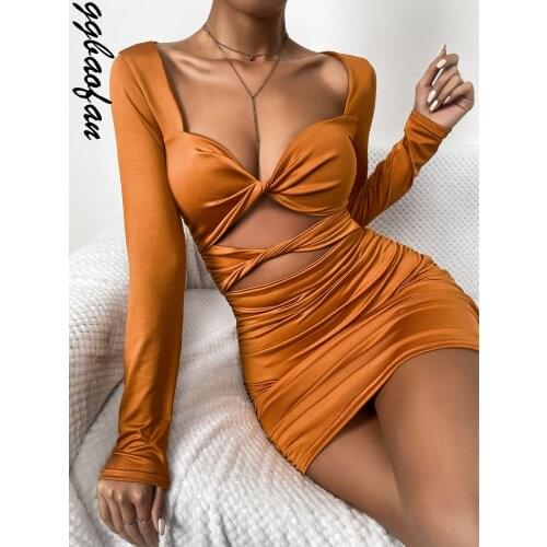 Ggbaofan Fashion Elegant Long Sleeve Mini Dress Outfits For Women Cut Out Ruched Bodycon Dresses Club Party Vestidos Fall