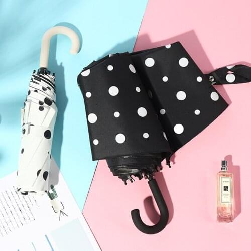 Fashion Umbrella Rain Women Sweet Polka Dot Folding Lady Parasol U-shaped Curved Handle Design Windproof Anti-UV Umbrella