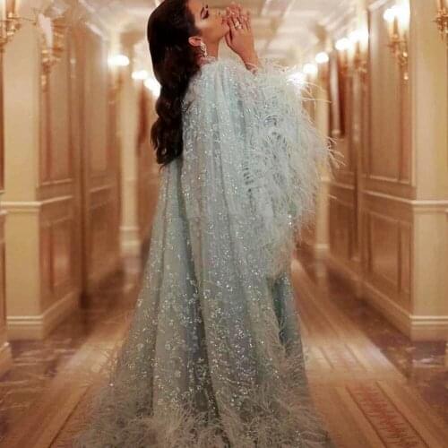 Muslim Evening Dresses WIth Jacket/Wraps Feathers Lace Appliques Middle East Arabic Prom Dress فساتين السهر African robes de bal