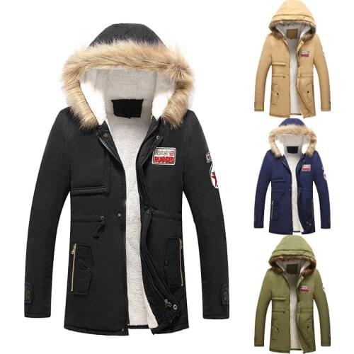 Mens Winter Casual Fleece Coat Classic Cotton Outdoor Jacket Faux Fur Trimmed Hood Coats Mid-Length Windproof Parka Jacket