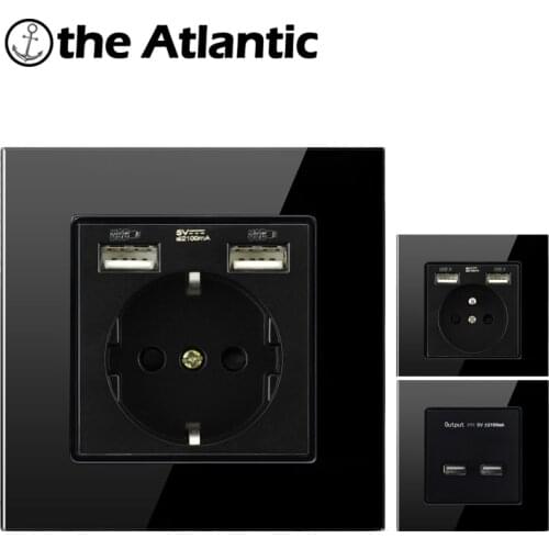 Atlectric EU FR Power Wall Socket Dual USB Ports 16A 2100mA Tempered Glass Panel Electric Wall Outlet Charger Adapter