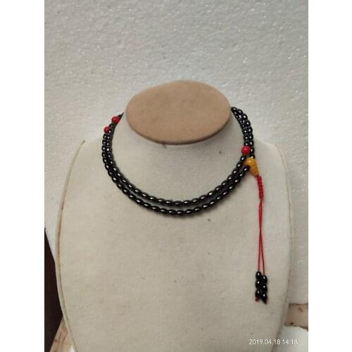 Natural Meteorite Black Martian Stone 108 Red Coral Beads Necklace