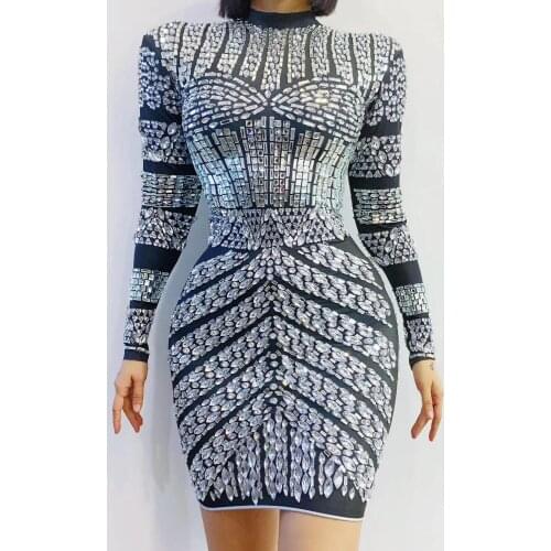 New Shining Crystal Sexy Dress Women Birthday Evening Prom Celebrate Long Sleeves Dress Bodycon Party Dance Stretch Costume