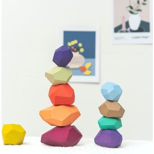 Montessori Educational Wooden Colored Stone Jenga Building Block Toy Creative Nordic Style Stacking Game Rainbow Wooden Toy Gift