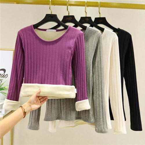 Autumn Winter Women Plus Velvet Thick Cotton T-Shirts Warm Tops T Shirt All-Match Slim Stretch Long Sleeve Tee Shirt Femme