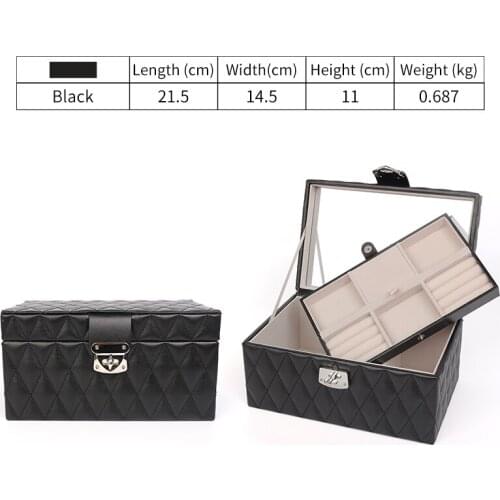 Exquisite Black Plaid Pu Leather Jewelry Storage Box With Lock For Femal Ring Earring Pendent Bracelet Showcase Built In Mirror