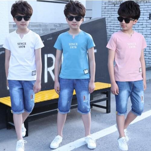 5-14 Years Boys Clothes Sport Suit Set 2018 Summer Fashion Casual Short Sleeve Childrens Clothing T-Shirt + Jeans Set