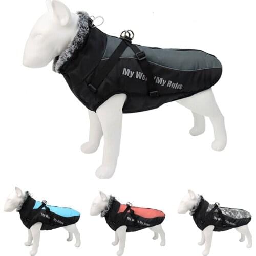 Reflective Dog Coat Clothes Winter Thick Harness Clothes Vest Waterproof Pet Clothing With Fur Collar Large Dog Jacket Outfit