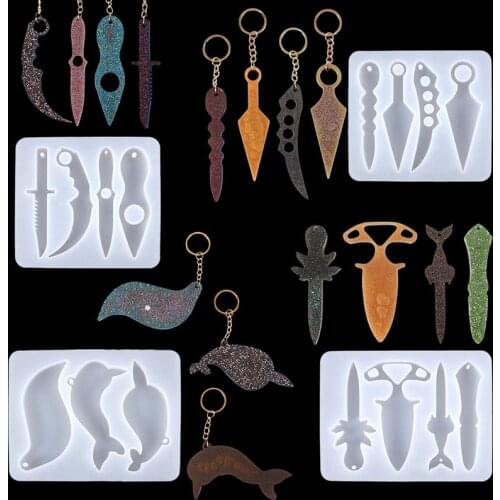 Mirror Silicone Mold Crystal Epoxy Dolphin Keychain Resin Defense Knife Handmade Self Keychain Silicone Jewelry Pendant Crafts