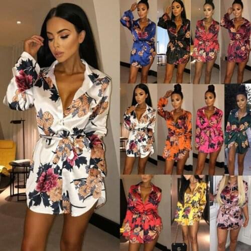Women Foral Satin Silk Long Sleeve Ladies T Shirt Tops Loose Short Mini Dress