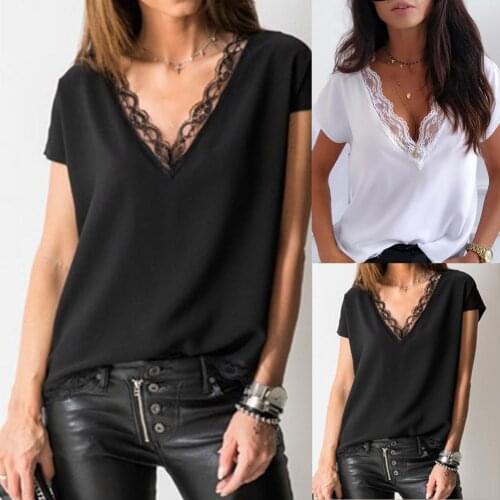 Women T-shirt Sexy Solid Color Black Lace white Patchwork Deep V Neck Short Sleeve T Shirts Clothesing Plus size tops