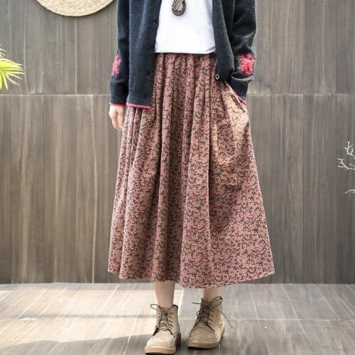 2021 Casual Vintage Floral Skirt High Quality Spring Autumn Arts Style Elastic Waist Cotton Linen A-Line Long Skirt Women Loose