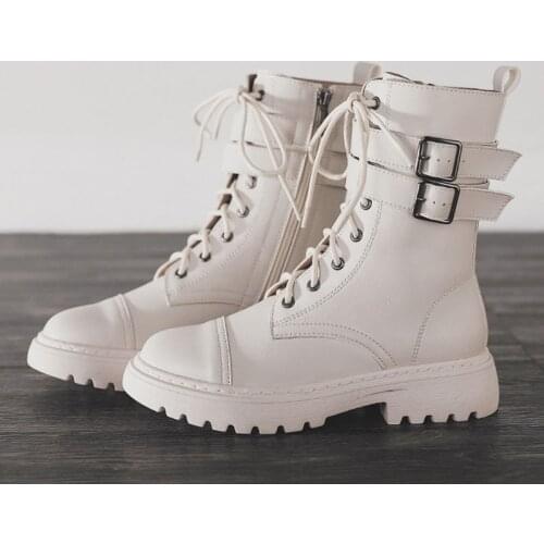 Double Buckle belt motorcycle boots women thick heels mid-calf knight bottes round toe lace up plush riding botas de mujer 2021